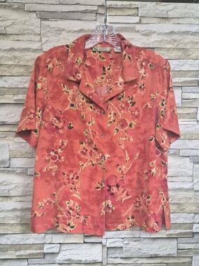 VTG ​Tommy Bahama Silk Camp Shirt Women's L Coral Orange Tropical Floral Summer